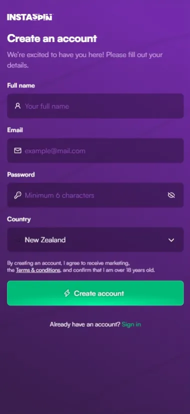 Instaspin Mobile App Sign Up