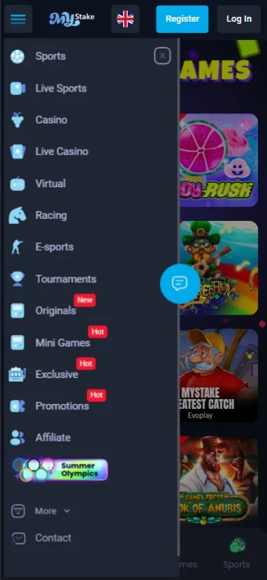 Mystake Mobile App Menu