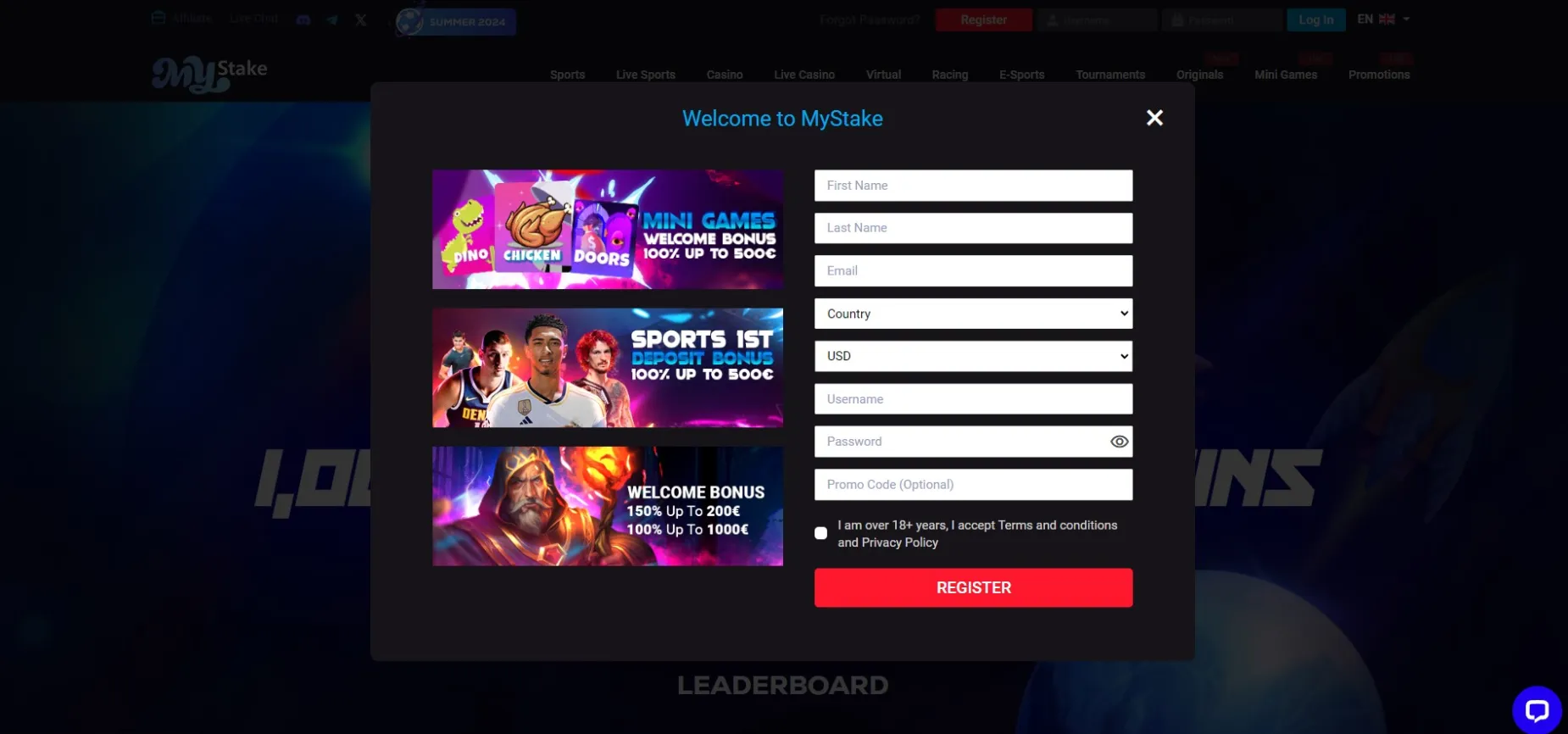 Mystake Casino Register Form