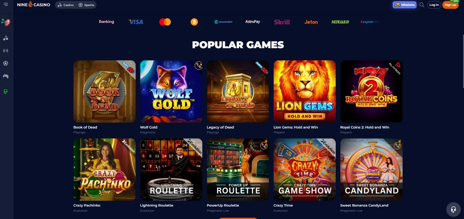 Nine Casino Homepage Desktop