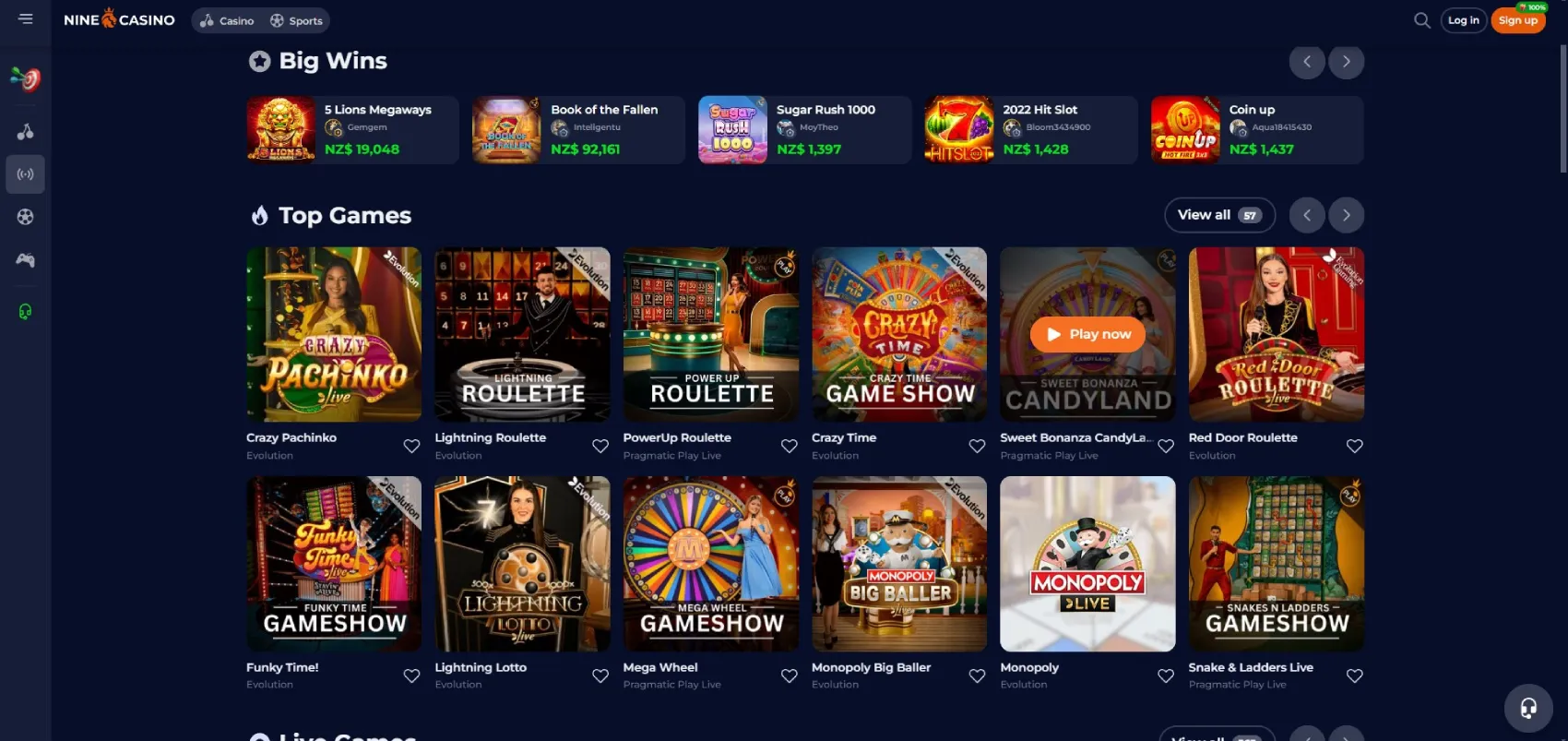 NineCasino Live Casino Section