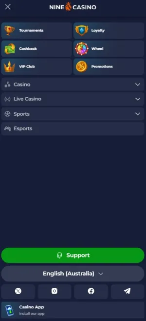 Ninecasino App Menu