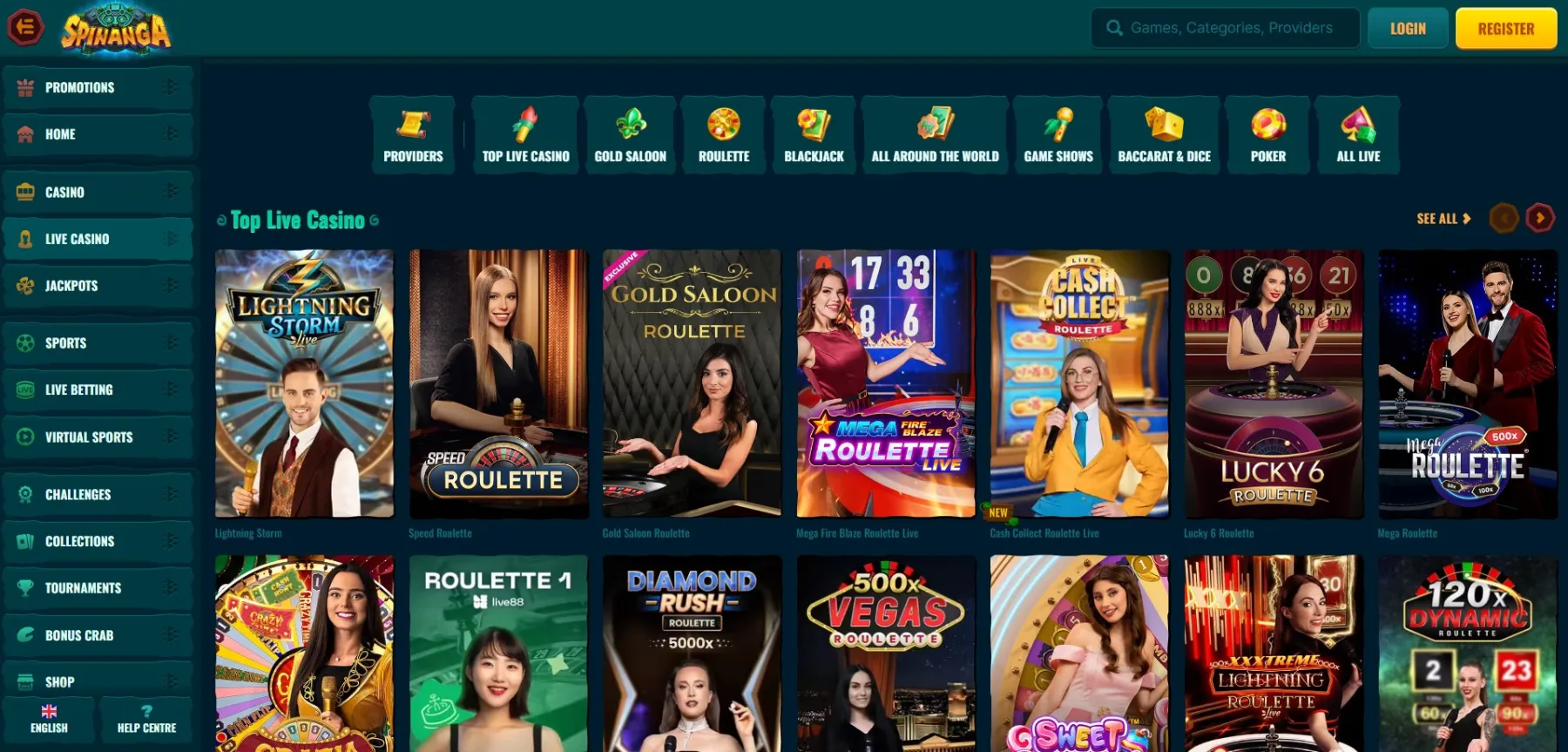 Spinanga Live Casino Section