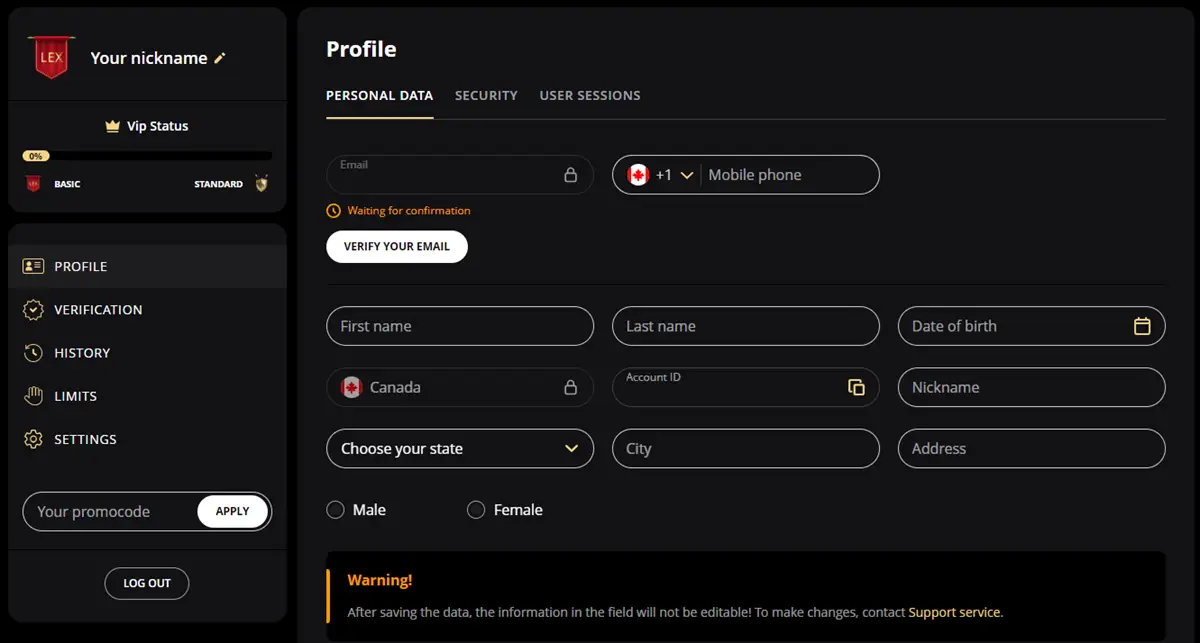 Lex Casino Account Settings