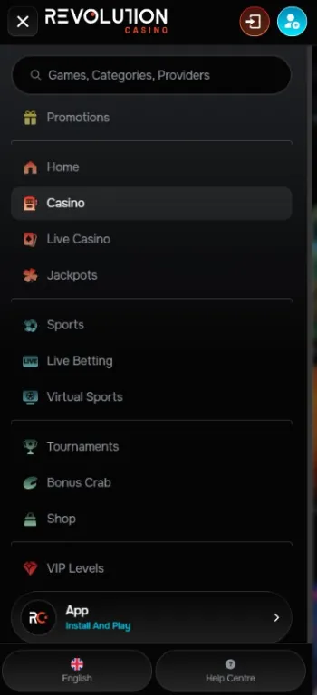 Revolution Online Casino Mobile Navigation