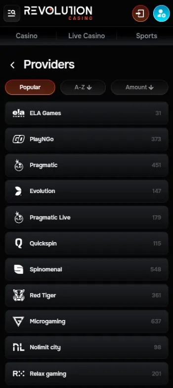 Revolution Casino App Providers List