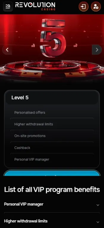 Revolution HIgh Roller Casino VIP Program Mobile