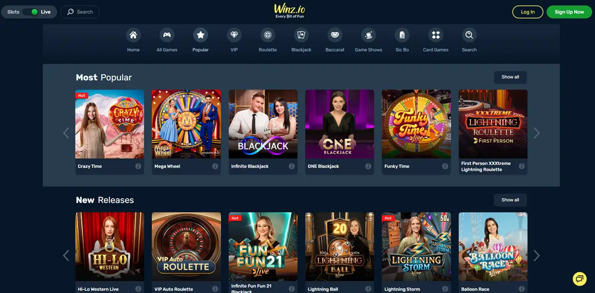 Winz high roller casino live games